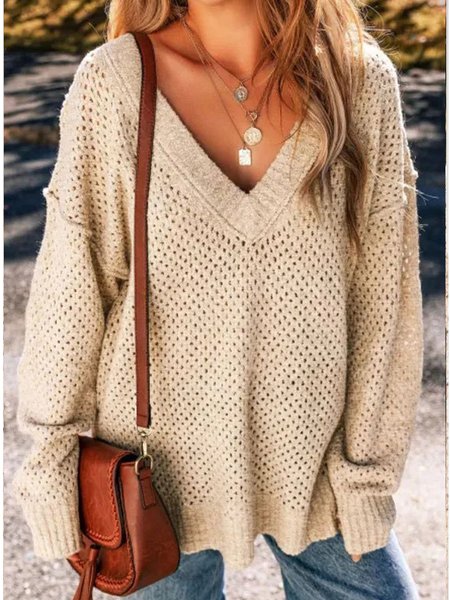 

Women Cotton Plain Long Sleeve Comfy Casual Sweater, Apricot, Sweaters