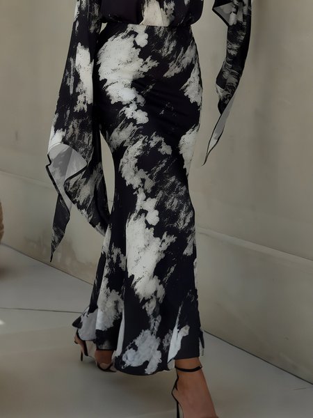 

Elegant Printing Random Print Maxi Skirt, Black-white, Skirts