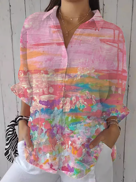 

Women Abstract Three Quarter Sleeve Shirt Spring/Fall Printing Shirt Collar Daily Casual Top, Pink, Shirts