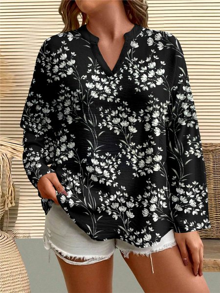 

Casual Floral V Neck Long Sleeve T-shirt, Black, T-shirts
