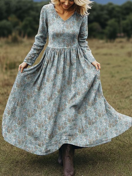 

Women Floral Spring/Fall Dress V Neck Long Sleeve A-Line Dress, Color2, Dresses
