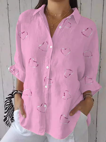 

Women Heart/Cordate Three Quarter Sleeve Shirt Spring/Fall Printing Shirt Collar Daily Casual Top, Pink, Shirts
