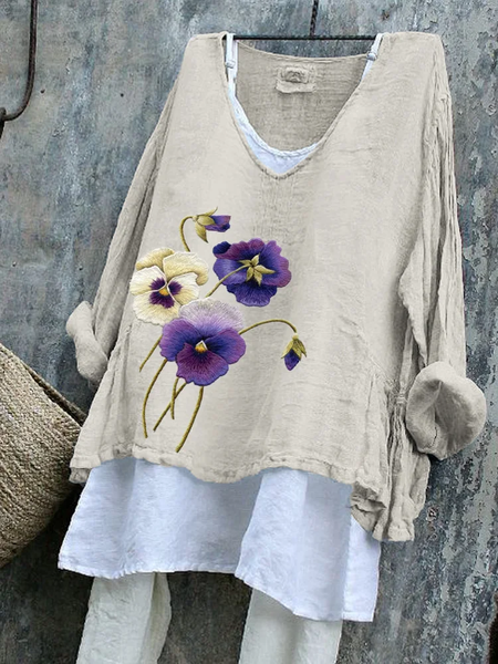 

Vintage Floral V Neck Long Sleeve T-shirt, Apricot, T-shirts