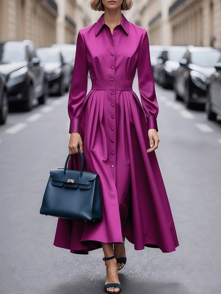 

Urban Plain Shirt Collar Maxi Dress, Rose red, Maxi Dresses