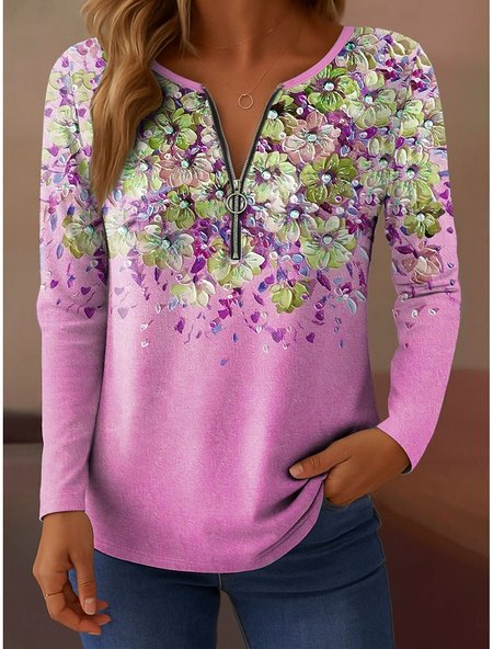 

Vintage Floral V Neck Long Sleeve T-shirt, Purple, T-shirts