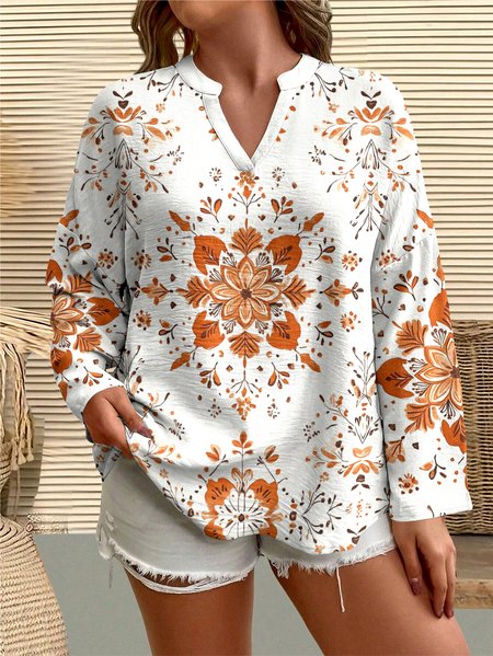 

Casual Floral V Neck Long Sleeve T-shirt, White, T-shirts