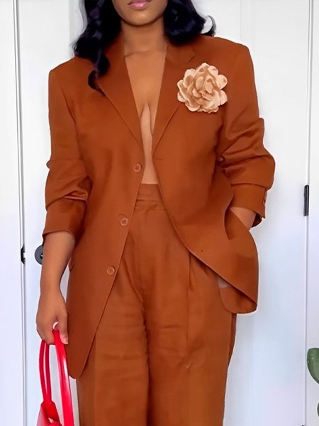 

Urban Shoulder Pad Plain Lapel Collar Blazer With Flower Brooch, Caramel, Blazers