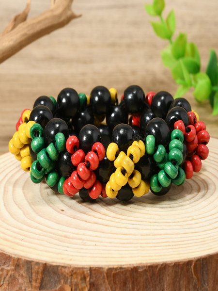 

Bohemian Colorful Wooden Bead Bracelets Fashionable And Versatile Handmade Beaded Elastic Wire Wooden Bead Bracelets, Color7, Bracelets