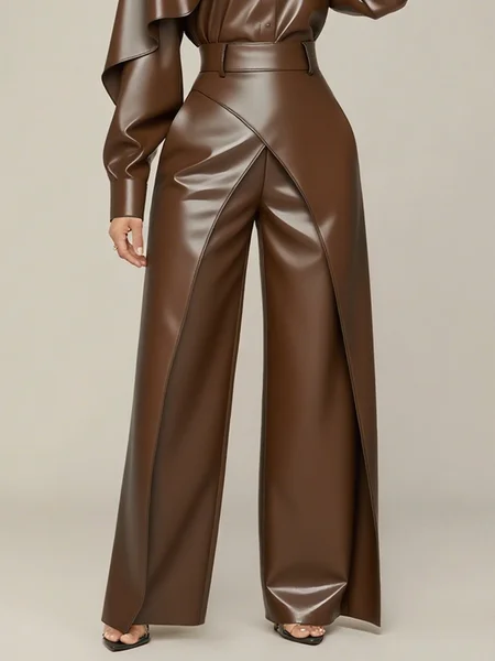 

Urban Plain Cross Faux Leather Wide Leg Pants, Brown, Pants