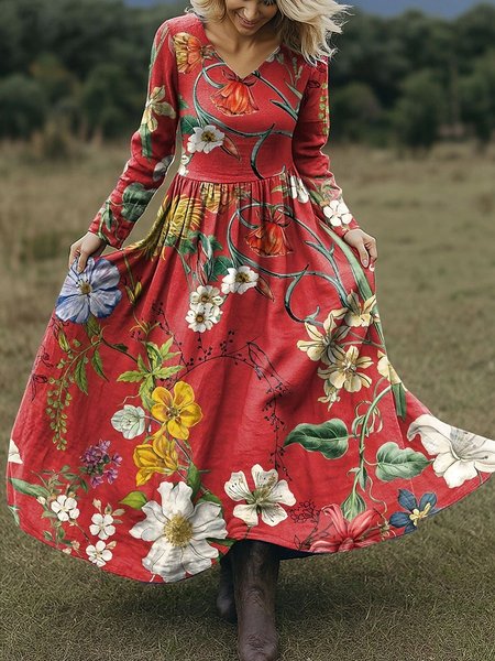 

Women Floral Spring/Fall Dress V Neck Long Sleeve A-Line Dress, Color2, Dresses