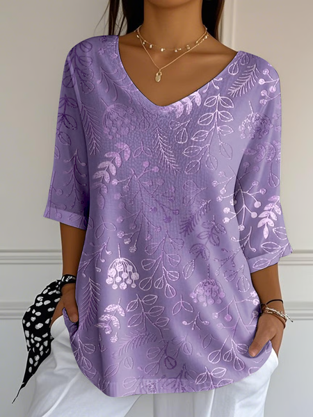 

Women Floral Three Quarter Sleeve Tee T-shirt V Neck Printing Casual Spring/Fall Graphic Tee Top, Purple, T-Shirts
