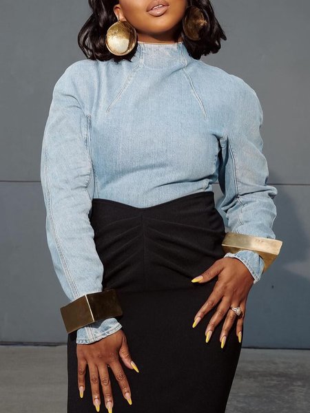 

Urban Plain Stand Collar Denim Top, Denim blue, Tops