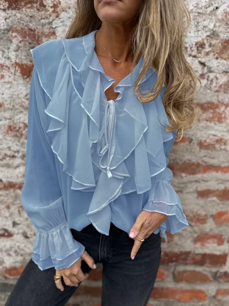 

V Neck Long Sleeve Plain Regular Micro-Elasticity Regular Fit Shirt For Women, Blue, Shirts