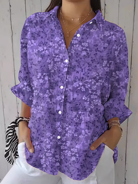 

Shirt Collar Three Quarter Sleeve Floral Printing Regular Loose Button Up Shirt Shirt For Women, Purple, Shirts
