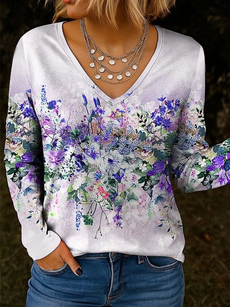 

V Neck Long Sleeve Floral Regular Micro-Elasticity Loose Blouse For Women, Purple, T-shirts