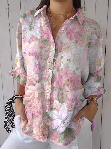 

Shirt Collar Three Quarter Sleeve Floral Printing Regular Loose Button Up Shirt Shirt For Women, Pink, Shirts