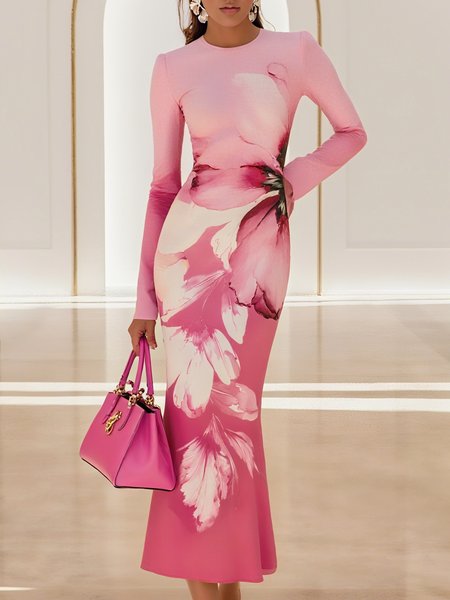 

Elegant Floral Printing Midi Dress, Pink, Midi Dresses