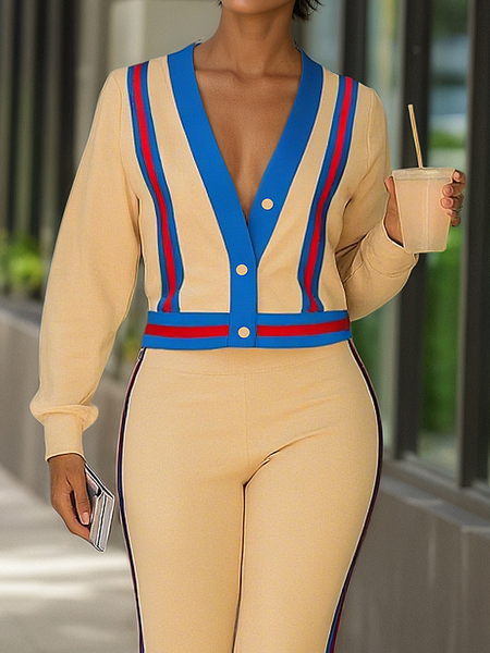 

Casual Color Block V Neck Jacket, As picture, Jackets