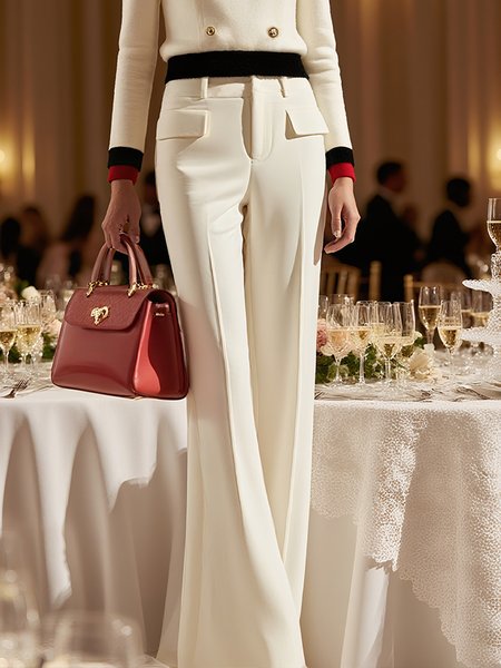 

Elegant Plain Wide Leg Pants, White, Pants