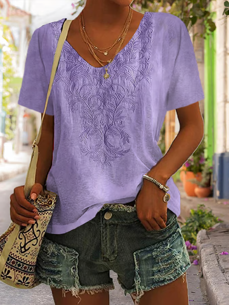 

Casual Floral V Neck Short Sleeve T-shirt, Purple, T-shirts