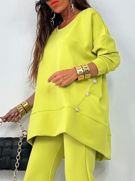 

Casual Plain Buttoned Crew Neck Sweatshirt, Yellow, Hoodies and Sweatshirts