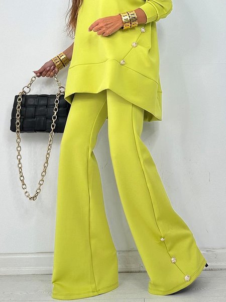 

Casual Plain Buttoned Fashion Flare Pants, Yellow, Pants