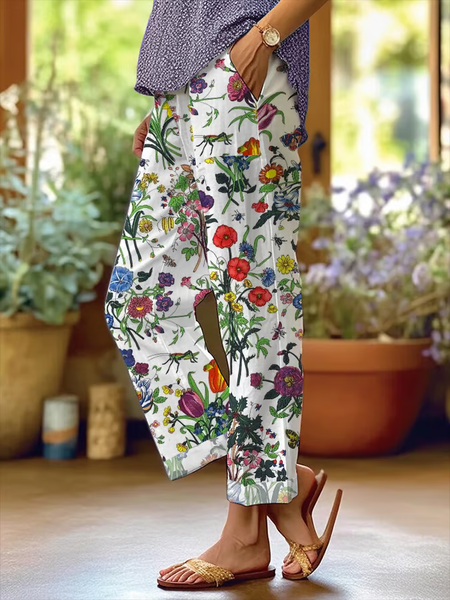 

Women Floral Long Pants Casual Spring/Fall Trousers, White, Pants