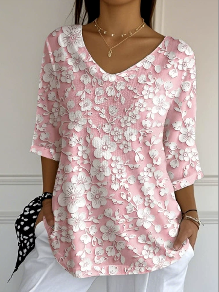 

Vintage Floral Crew Neck Long Sleeve T-shirt, Pink, T-shirts