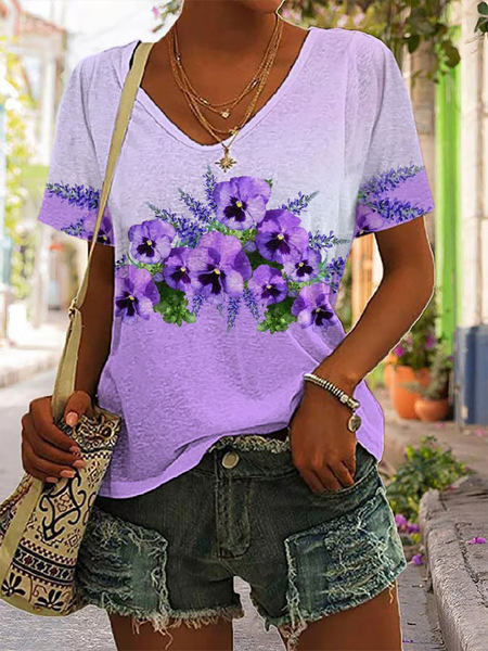 

Women Floral Short Sleeve Tee T-shirt V Neck Printing Casual Summer Graphic Tee Top, Purple, T-Shirts