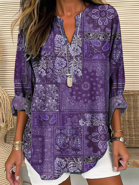 

Women Paisley Long Sleeve Blouse Spring/Fall Printing V Neck Daily Casual Top, Purple, Shirts