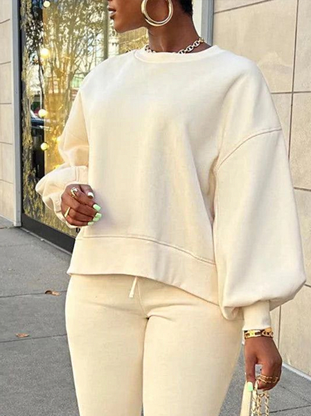 

Casual Plain Crew Neck Balloon Sleeve Sweatshirt, Oatmeal, Hoodies and Sweatshirts