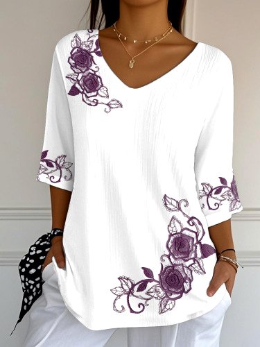 

Vintage Floral Crew Neck Long Sleeve T-shirt, White, T-shirts