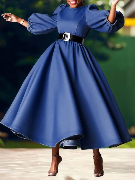 

Denim Urban Plain Distressing Maxi Dress With Belt, Blue, Midi Dresses