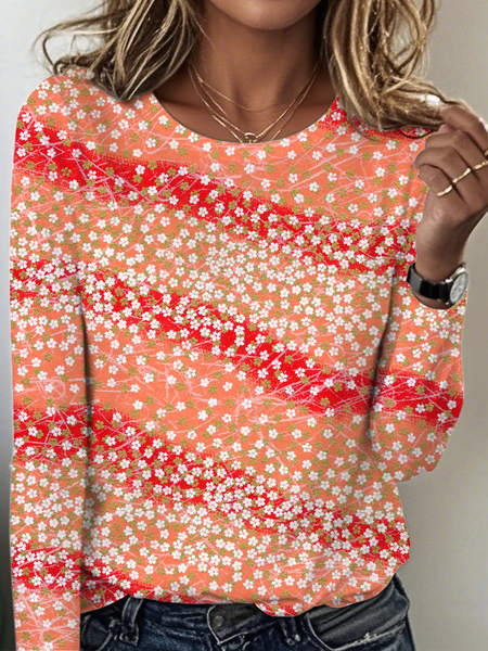 

Vintage Floral Crew Neck Long Sleeve T-shirt, Light orange, T-shirts