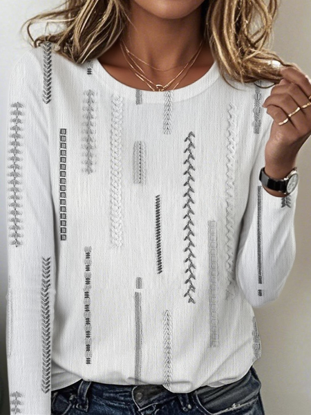 

Vintage Geometric Crew Neck Long Sleeve T-shirt, White, T-shirts