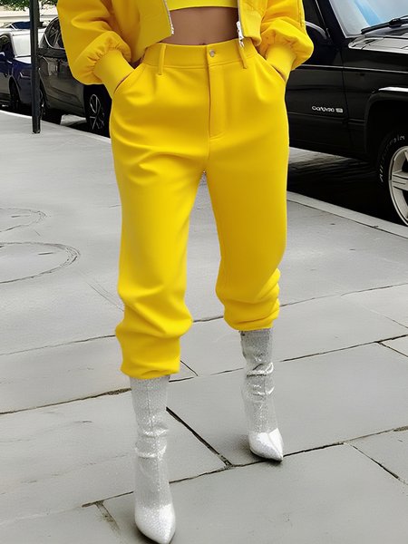 

Casual Plain Slim Fit Pants, Yellow, Pants