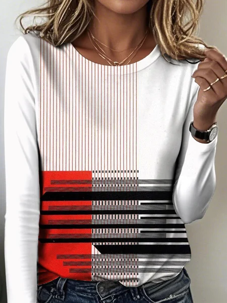 

Vintage Striped Crew Neck Long Sleeve T-shirt, Red, T-shirts