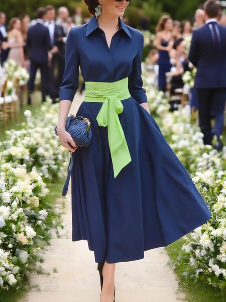 

Urban Plain Cotton Shirt Collar Midi Dress With Belt, Blue, Midi Dresses