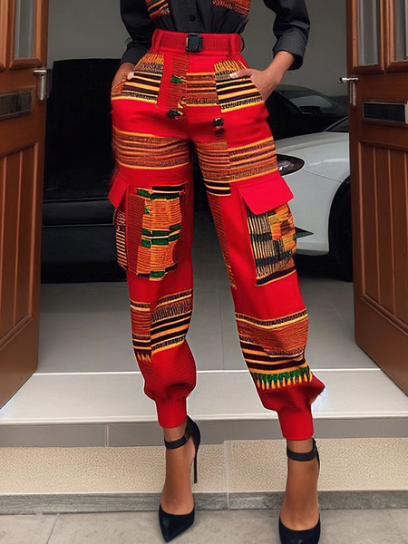 

Casual Geometric Printing Ankle Banded Pants Fashion Pants, Red, Pants
