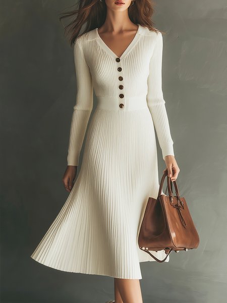 

Elegant Plain Buttoned V Neck Midi Sweater Dress, White, Midi Dresses