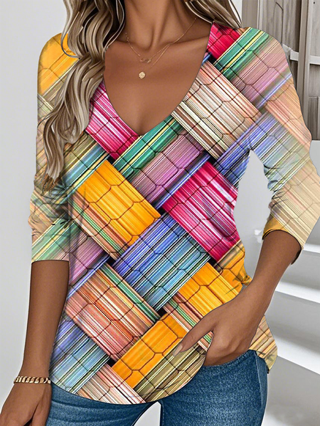 

Vintage Geometric V Neck Long Sleeve T-shirt, Yellow, T-shirts