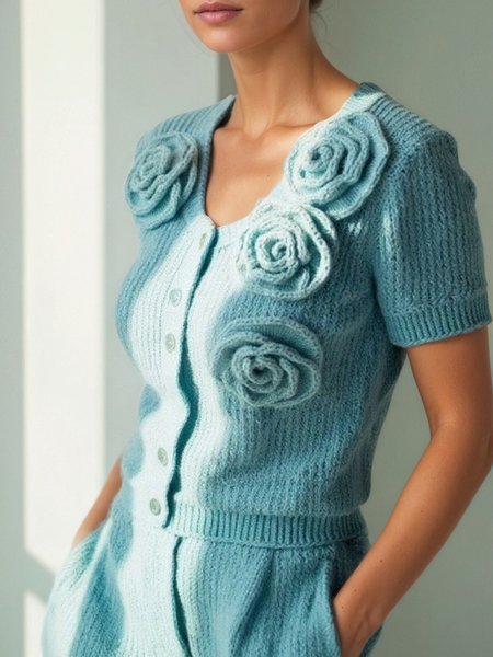 

Casual Plain 3D Floral V Neck Cardigan, Blue, Cardigans