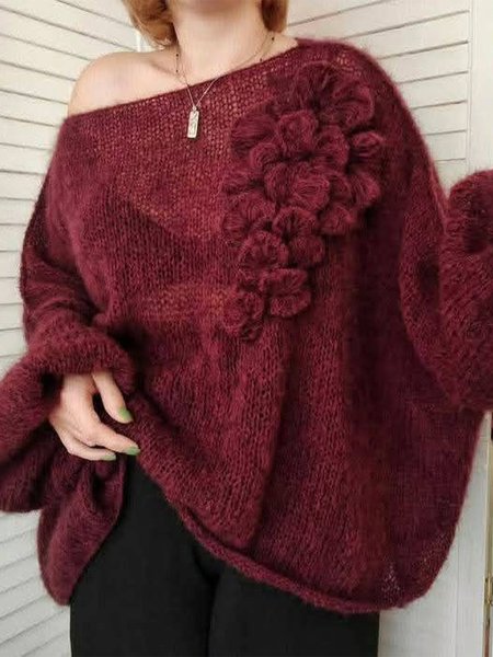 

Casual Plain 3D Floral Boat Neck Balloon Sleeve Sweater, Deep red, Pullovers