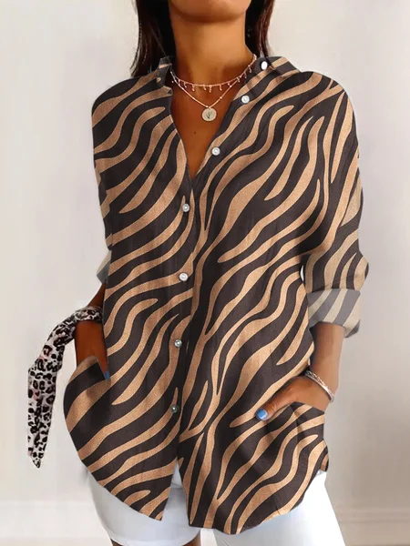 

V Neck Long Sleeve Geometric Regular Micro-Elasticity Regular Fit Shirt For Women, Khaki, Shirts