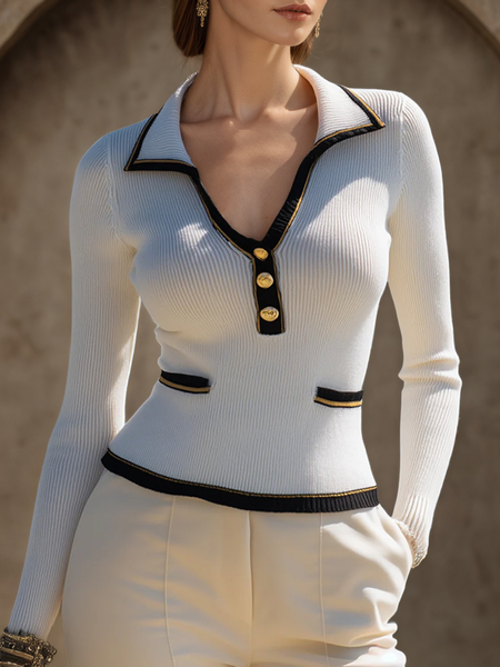 

Urban Color Block Shirt Collar Sweater, White, Pullovers