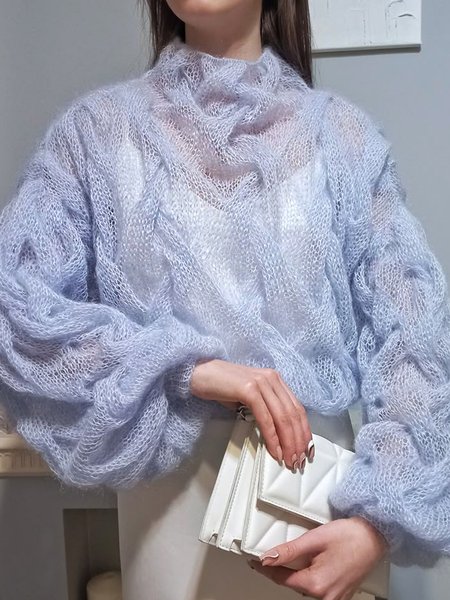 

Casual Plain Mock Neck Balloon Sleeve Sweater, Blue, Pullovers
