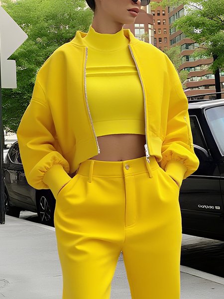 

Casual Plain Stand Collar Jacket, Yellow, Jackets