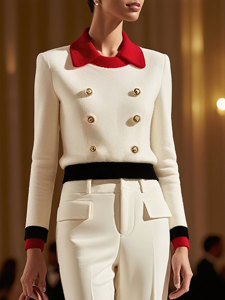 

Elegant Color Block Buttoned Shawl Collar Regular Sleeve Blouse, White-red, Pullovers