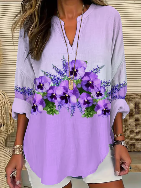 

Women Floral Long Sleeve Blouse Spring/Fall Printing V Neck Daily Casual Top, Purple, Shirts