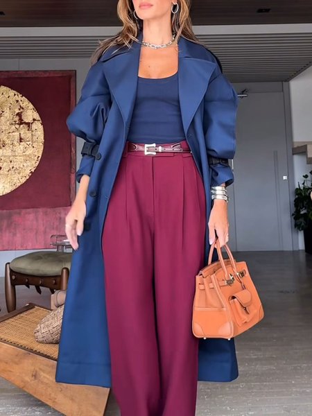 

Urban Puff Sleeve Plain Shawl Collar Trench Coat, Deep blue, Trench Coats